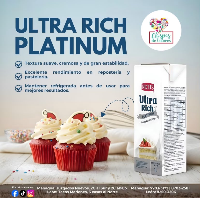 Chispas de Colores social graphic presenting Ultra Rich Platinum baking cream with cupcakes.
